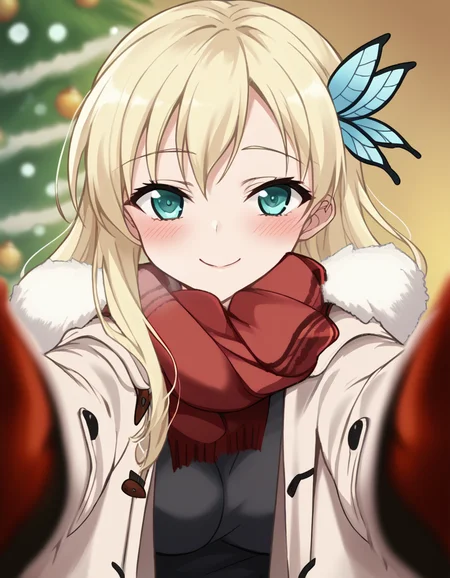 score_9, score_8_up, score_7_up, source_anime, <lora:sena-kashiwazaki-s2-ponyxl-lora-nochekaiser:1>, sena kashiwazaki, long hair, blonde hair, hair ornament, aqua eyes, butterfly hair ornament, large breasts,, <lora:pov-cheek-warming-ponyxl-lora-nochekaiser:1>, pov cheek warming, pov cheek warming (meme), winter gloves, duffel coat, fur-trimmed scarf, winter clothes, red mittens, meme, winter coat, red scarf, fur-trimmed coat, reaching towards viewer, reaching, mittens, fur-trimmed hood, white coat, open coat, scarf, coat, red gloves, snowing, pov, fur trim, depth of field, smile, blush,, christmas, christmas tree, christmas lights,,