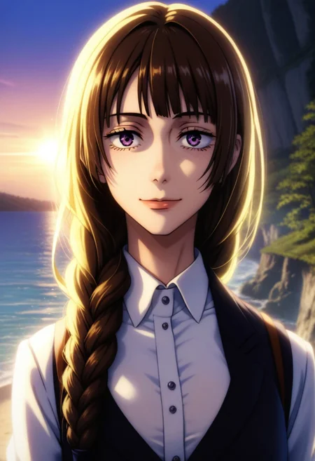 score_9, score_8_up, score_7_up, source_anime, intricate details, anime screencap, perfect balance, official art, extremely detailed CG unity 8k wallpaper, perfect lighting, Colorful, Warm_Front_face_Lighting, (masterpiece:1.0),(best_quality:1.0), ultra high res,4K,ultra-detailed, photography, 8K, HDR, highres, absurdres:1.2, Kodak portra 400, blurry background, bokeh, lens flare, (Anime) (vibrant_color:1.2), professional photograph, night, (good_face:1.2), 2d, anime, upper body, intricate iris, American, 1960s, 1970s, Professional character design, 1girl, female focus, (vibrant amethyst purple eyes), perfect eyes, (hair color: cyan hair), (Long Silky smooth hair), (pretty hair), (beautiful hair), (curtain bangs), braided hair, preppy, white dress shirt, youthful, feminine, solo, jujutsu_kaisen_style, character portrait, (perfect-lighting, lens flare), face, torso, (Kind) (Friendly) (Happy) (Sweet smile), feminine, young, (Wealthy, manor, extravagant, ornate embellishments, coastal, shore, cliff), warm sunlight, awn, (orange sunlight), (warm lighting), comfortable lighting.