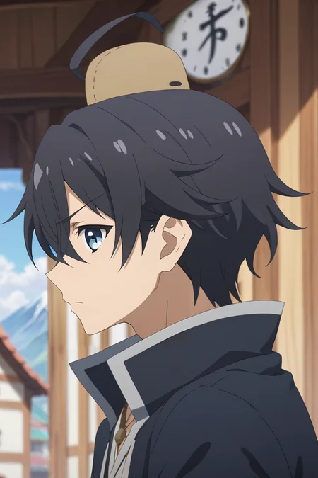 score_9, score_8_up, score_7_up, source_anime, rating_safe, , anime screencap, , , looking at viewer, depth of field, 1boy, solo, male focus, <lora:yuuki_princess_connect_pony:0.82>, yuuki_princess_connect, black hair, blue eyes, short hair, hair between eyes, bangs, antenna hair, ahoge, profile, mountaintop city, dark, v arms, :\3, , bowler hat, <lora:sdxl_lightning_8step_lora:1>