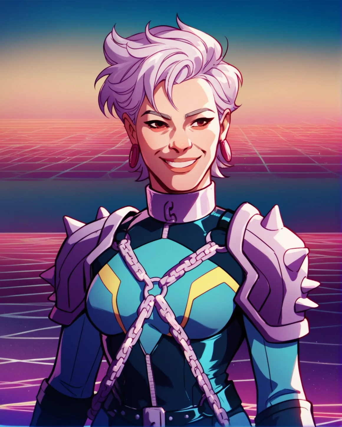 portrait, woman, bodysuit, spikes, white short hair, chains, smiling, sci-fi etherial background, synthwave <lora:Abscissa97:0.8> abscissa <lora:sinfully_stylish_PONY_0.2:0.3> dramatic lighting, score_9, score_8_up, score_7_up, score_6_up, score_5_up, score_4_up