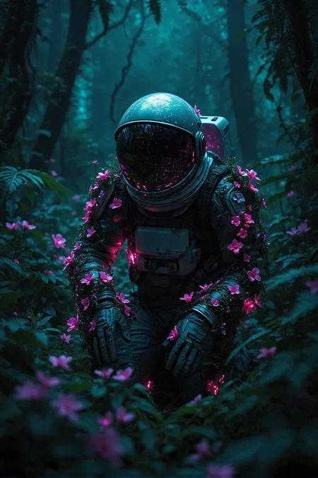 A lone astronaut in a futuristic suit, overgrown with glowing pink flowers, kneels in a dark, lush forest. The astronaut's visor reflects the surrounding greenery. The style is hyperrealistic with high detail. The lighting is low-key, with a teal and purple color scheme. A low camera angle captures the scene, showcasing the dense, detailed foliage. No film grain. High saturation and contrast.