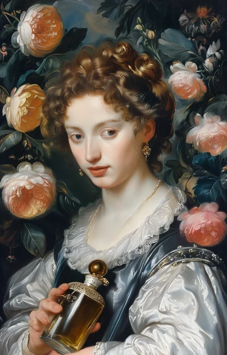 masterpiece,best quality,<lora:tbh218-sdxl:0.9>,illustration,style of Anthony van Dyck A bottle of perfume in garden