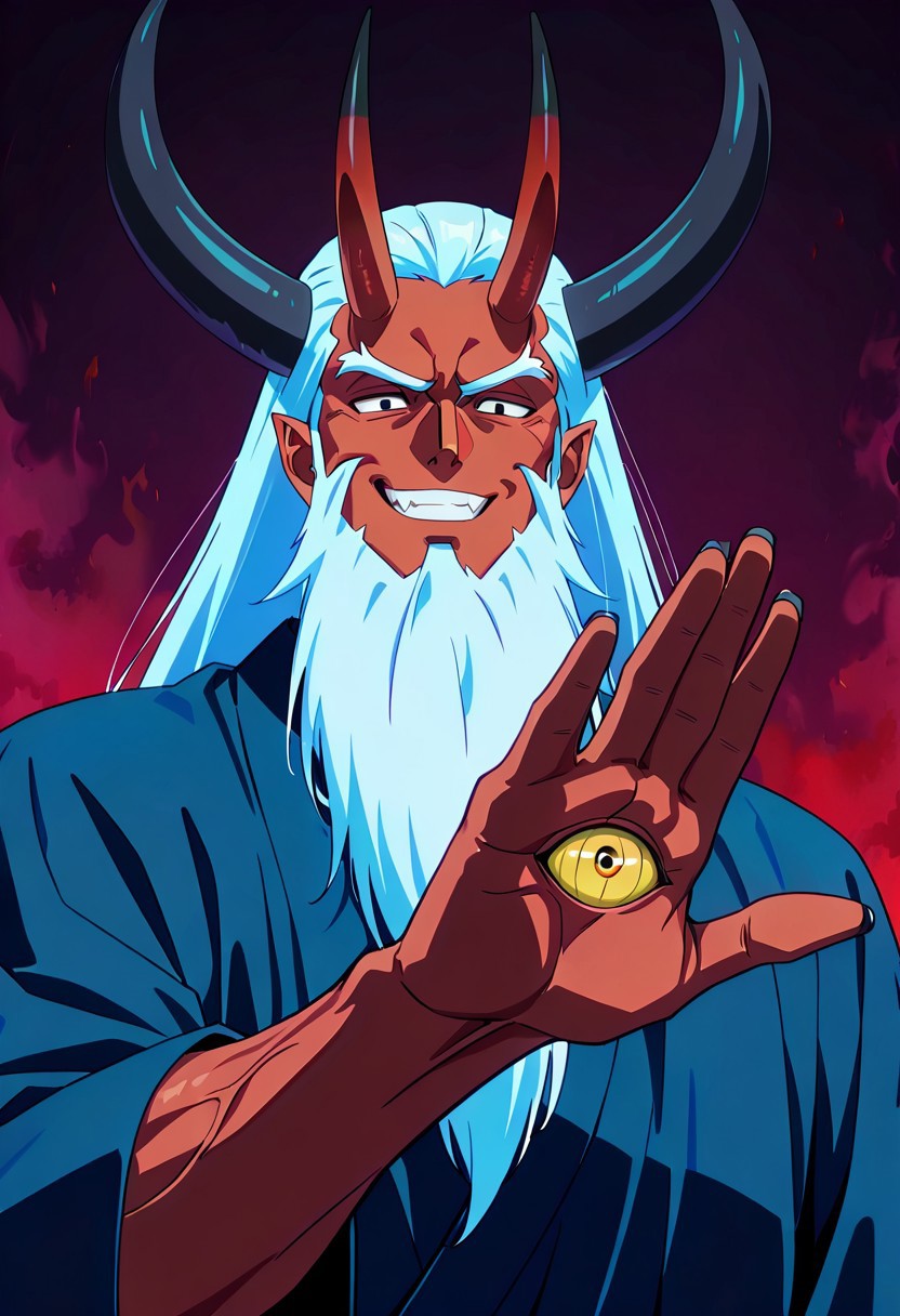 masterpiece, best quality, newest, absurdres, highres, anime, anime style, vintage anime, 90s anime, Eye-On-Hand-IL.V1.0, eye on hand, eyed hand, 1boy, demon, demon boy, red skin, red colored skin, white hair, horns, oni horns, massive horns, oni, muscular male, monster boy, monster, muscular, black robe, black eyes, manly, beard, long beard, smile, grin, evil grin,