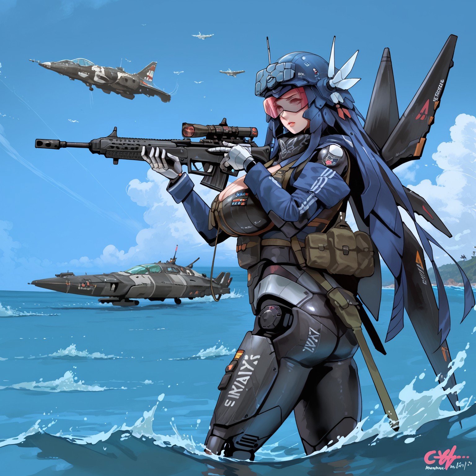 safe_pos, uaf-character, |||, helmet, standing, holding weapon, day, cloud, rifle, gun, aircraft, mecha musume, assault rifle, mecha, water, ocean, english text, airplane, holding gun, solo, 1girl, sky, outdoors, weapon, robot, holding, uaf_neuko, 80swa, Expressiveh, score_9,score_8_up,score_7_up,  8k, hd , ultra realistic, hyper realistic, detailed face, natural huge breasts, beautiful woman's face, <LoRA: uafPortraits-000110>, <LoRA: uaf Wt: 1>, pureerosface_v1, (PureErosFace_V1:0.8)