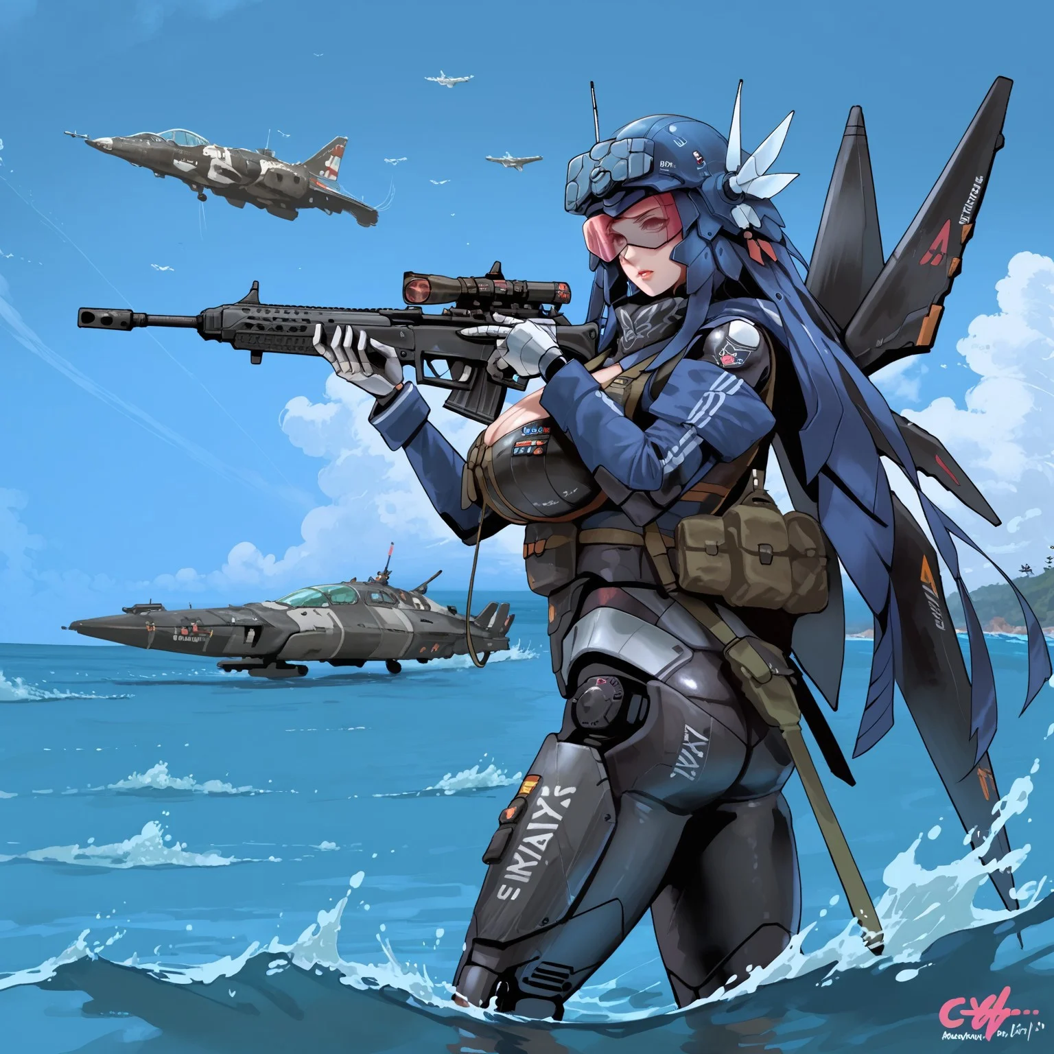 safe_pos, uaf-character, |||, helmet, standing, holding weapon, day, cloud, rifle, gun, aircraft, mecha musume, assault rifle, mecha, water, ocean, english text, airplane, holding gun, solo, 1girl, sky, outdoors, weapon, robot, holding, uaf_neuko, 80swa, Expressiveh, score_9,score_8_up,score_7_up, 8k, hd , ultra realistic, hyper realistic, detailed face, natural huge breasts, beautiful woman's face, <LoRA: uafPortraits-000110>, <LoRA: uaf Wt: 1>, pureerosface_v1, (PureErosFace_V1:0.8)