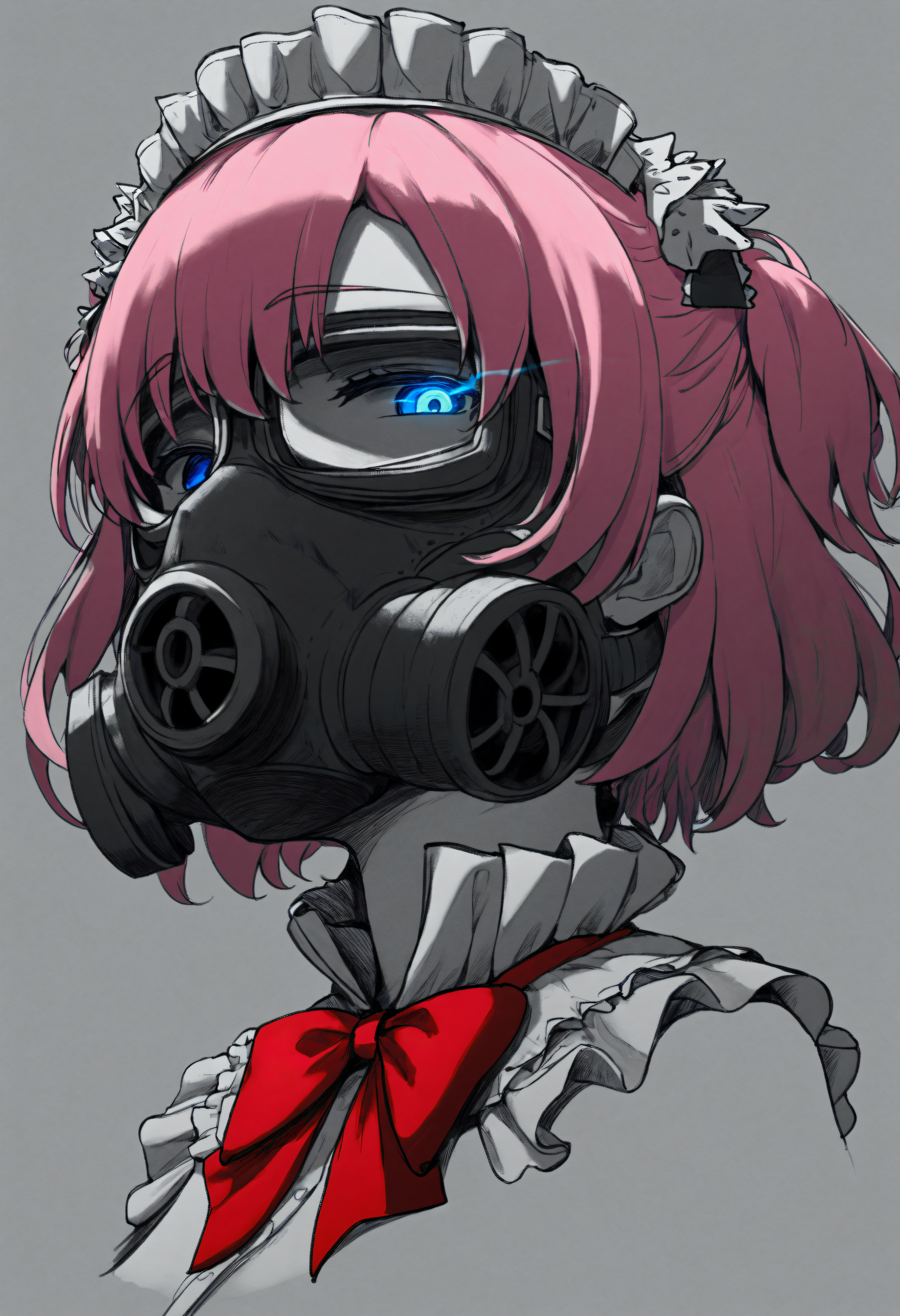 solo, <lora:Char_KomineSachi:1>, blue eyes, pink hair, short hair, two side up, hair ribbon,
S4ciM4id, maid headdress, red bowtie, frilled collar, gas mask, goggles, 
portrait, spot color, cropped shoulder, looking at viewer, from below, from side, glowing eye, eye trail, very awa, masterpiece, best quality, highres, absurdres, <lora:SketchArtV2:1>, greyscale, monochrome, sk3tch, hatching/(texture/)
