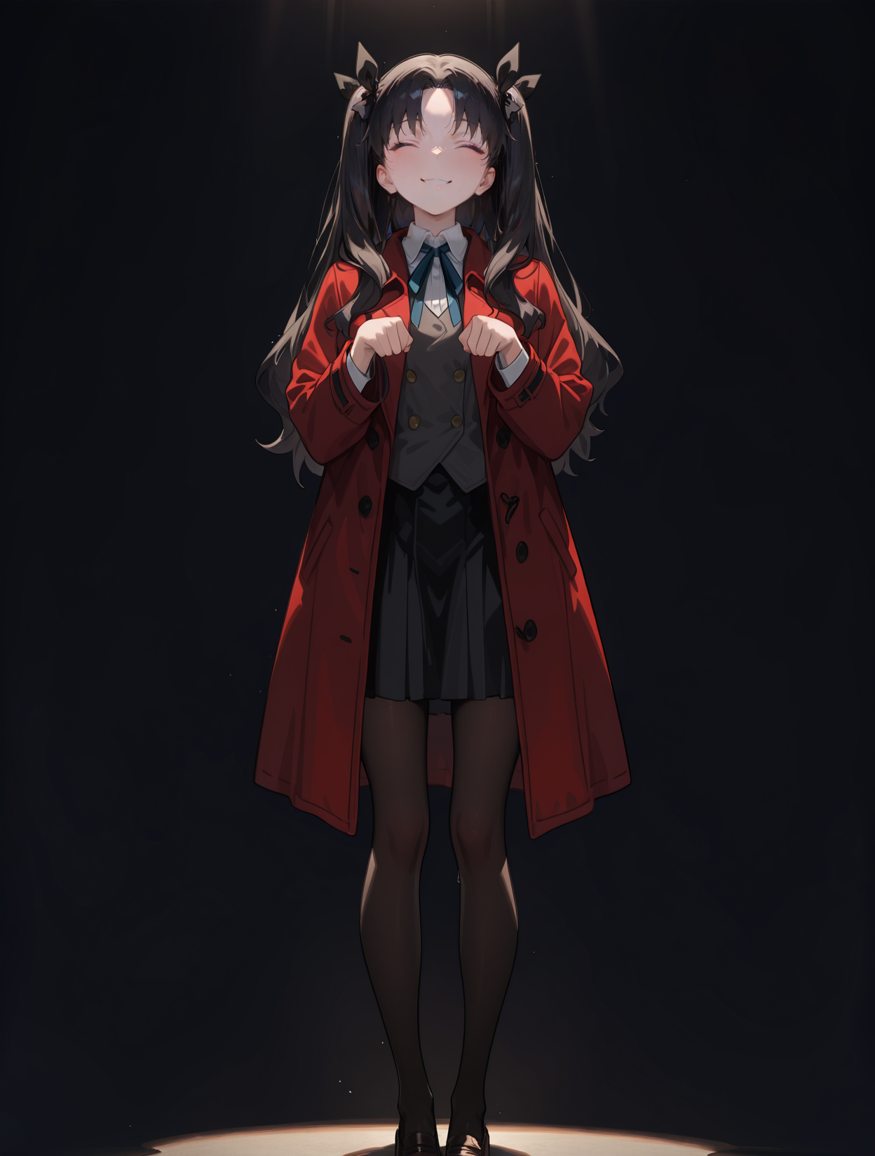 perfect quality,high quality,masterpiece,best quality,amazing quality,very aesthetic,absurdres,Cinematic Lighting,newest,
front view,full_shot,Raised cheeks with closed eyes (smiling with joy),
TohsakaRinCYQL,1girl,solo,long hair,black hair,two side up,bangs,parted bangs,ribbon,hair ribbon,black ribbon,blue eyes,school uniform,ribbon,neck ribbon,coat,red coat,jacket,red jacket,long sleeves,vest,skirt,black skirt,pantyhose,
full body,standing,paw_pose,,
skyblue background,simple background,
<lora:spo_sdxl_10ep_4k-data_lora_webui:0.5>,<lora:illustrious_all_rated_v1:0.6>,<lora:748cmSDXL:0.8>,748cmstyle,<lora:DarkerThanBlackIllustrious:0.5>,<lora:EtherSDXL:0.5>,EtherStyle,<lora:TohsakaRin_Illustrious by Cyql:1>,