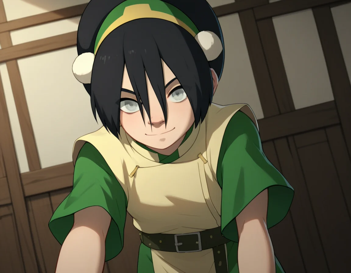 score_9, score_8_up, score_7_up, source_anime, <lora:toph-beifong-book2-ponyxl-lora-nochekaiser:1>, toph beifong, black hair, hairband, blind, grey eyes, hair between eyes, short hair,, shirt, green shirt, vest, belt, short sleeves,, indoors, bent over, smile, looking at viewer, solo, cowboy shot, dutch angle