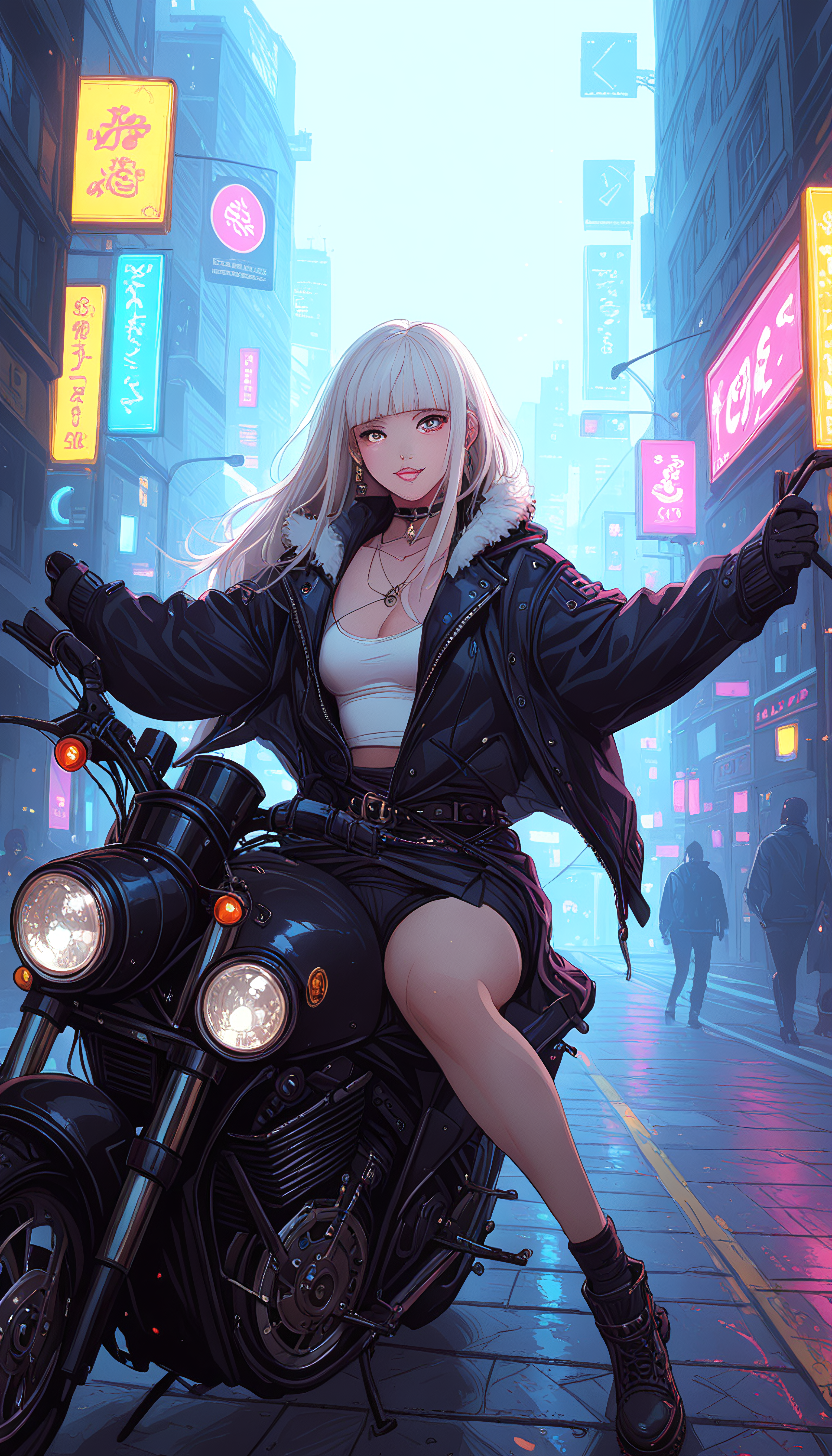 Stable_Yogis_PDXL_Positives, zPDXL3, Expressiveh, score_9, score_8_up, score_7_up, masterpiece, Raw Photo, realistic, 4n1v3rs3, midjourneyv6.1, perfect eyes, 1girl, solo, long hair, breasts, looking at viewer, blush, smile, open mouth, bangs, blue eyes, multiple girls, skirt, shirt, gloves, long sleeves, dress, holding, cleavage, brown eyes, jewelry, medium breasts, sitting, closed mouth, standing, collarbone, jacket, full body, white shirt, white hair, sidelocks, thighs, earrings, small breasts, boots, outdoors, parted lips, multiple boys, open clothes, sky, shoes, shorts, solo focus, choker, black gloves, socks, belt, miniskirt, blunt bangs, black skirt, necklace, bag, black footwear, open jacket, coat, black jacket, sleeves past wrists, grey eyes, fur trim, short shorts, dutch angle, bare legs, night, floating hair, shadow, black shorts, piercing, 3boys, tank top, outstretched arms, ground vehicle, building, ear piercing, night sky, motor vehicle, zipper, open coat, city, sign, spread arms, unzipped, fur-trimmed jacket, ankle boots, road, cityscape, riding, leather, white tank top, motorcycle, lamppost, street, leather jacket, city lights, cyberpunk, traffic light, neon lights, crosswalk, (panty bulge:1.15), (parted lips:1.1), (plump lips:1.1), (glossy lips:1.1), sensual smile, (lineless:1.5),