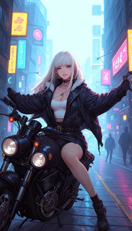 Stable_Yogis_PDXL_Positives, zPDXL3, Expressiveh, score_9, score_8_up, score_7_up, masterpiece, Raw Photo, realistic, 4n1v3rs3, midjourneyv6.1, perfect eyes, 1girl, solo, long hair, breasts, looking at viewer, blush, smile, open mouth, bangs, blue eyes, multiple girls, skirt, shirt, gloves, long sleeves, dress, holding, cleavage, brown eyes, jewelry, medium breasts, sitting, closed mouth, standing, collarbone, jacket, full body, white shirt, white hair, sidelocks, thighs, earrings, small breasts, boots, outdoors, parted lips, multiple boys, open clothes, sky, shoes, shorts, solo focus, choker, black gloves, socks, belt, miniskirt, blunt bangs, black skirt, necklace, bag, black footwear, open jacket, coat, black jacket, sleeves past wrists, grey eyes, fur trim, short shorts, dutch angle, bare legs, night, floating hair, shadow, black shorts, piercing, 3boys, tank top, outstretched arms, ground vehicle, building, ear piercing, night sky, motor vehicle, zipper, open coat, city, sign, spread arms, unzipped, fur-trimmed jacket, ankle boots, road, cityscape, riding, leather, white tank top, motorcycle, lamppost, street, leather jacket, city lights, cyberpunk, traffic light, neon lights, crosswalk, (panty bulge:1.15), (parted lips:1.1), (plump lips:1.1), (glossy lips:1.1), sensual smile, (lineless:1.5),