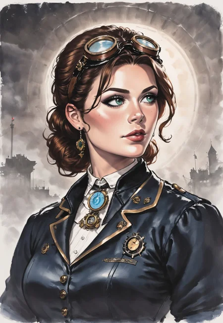score_9, score_8_up, score_7_up, 1girl, solo, steampunk inventor, Victorian-style dress with brass gears and mechanical accents, intricate pocket watch with a polished brass casing and delicate engravings, long wavy brown hair adorned with goggles, realistic, cinematic angle, cinematic lighting, slender body, curious face, sparkling hazel eyes, tinkering pose
BREAK
working in a cluttered workshop filled with gadgets
BREAK
source_steampunk_art, rating_explicit, expressive, full body, dynamic pose
BREAK
detailed beautiful background, cluttered workshop with shelves full of mechanical parts and tools, steam-powered machines and glowing lanterns, scattered blueprints and diagrams, distant cityscape with smokestacks and airships, innovative atmosphere with a sense of creativity and discovery
<lora:Expressive_H:0.6>Expressiveh, (SimplepositiveXLv1:1.3), (upper body, full clothed:1.85) ((masterpiece)) (ultra realistic, 32k, masterpiece:1.2), (high detailed skin:1.1), (high quality:1.1) (((full clothed))) <lora:DandonFuga_Style_v.2_-_Pony:0.8> 
<lora:add-detail-xl:1> 
<lora:Dynamic Poses:1>