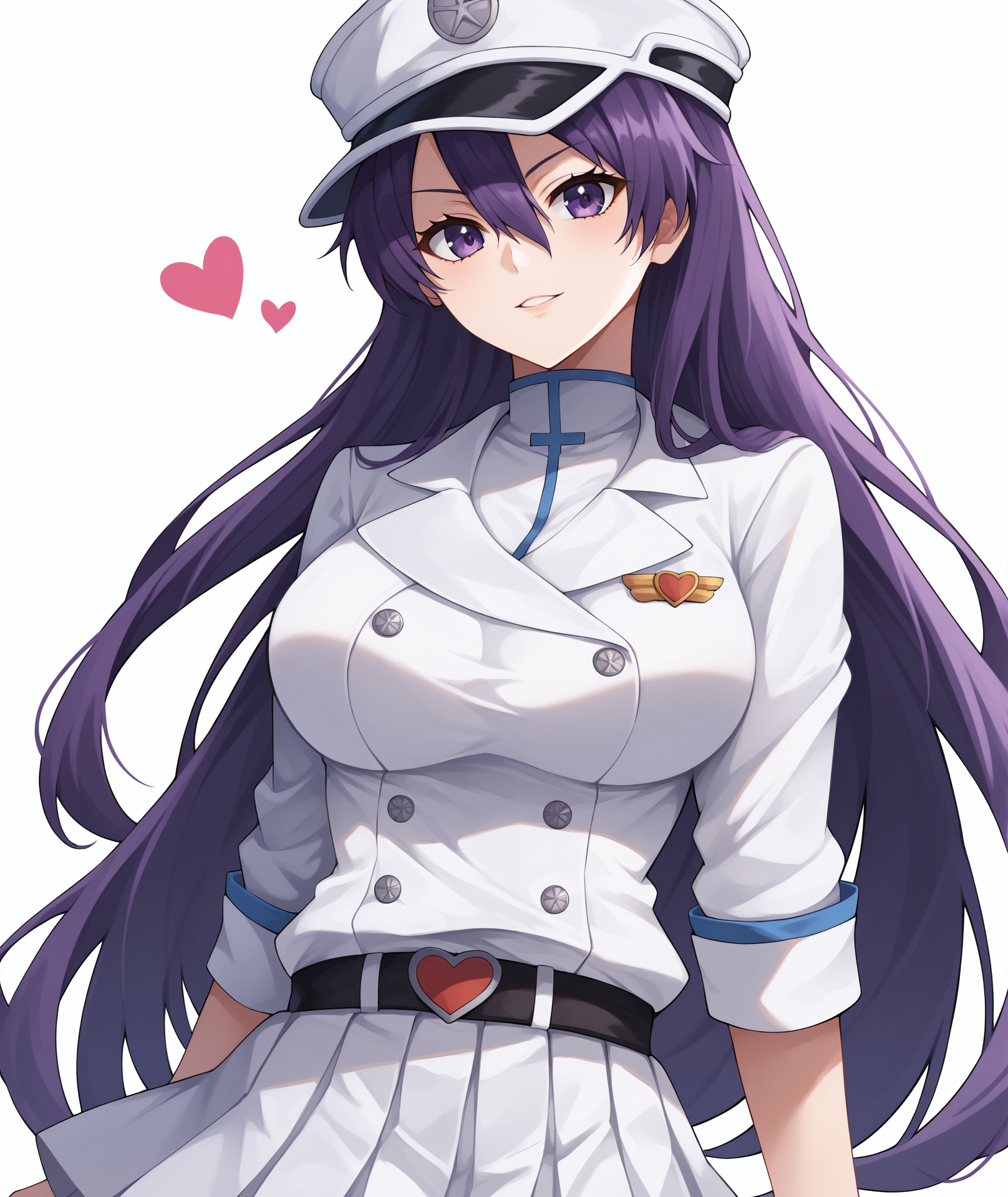 score_9, score_8_up, score_7_up, score_6_up, score_5_up, score_4_up, BREAK, source_anime, best quality, masterpiece, 2d, intricate details, official style, anime, 4k, anime style,
pbambietta, 1girl, solo, black hair, bangs, purple hair, purple eyes, hair between eyes, very long hair, brown eyes, long hair, breasts, large breasts, 
skirt, long sleeves, hat, jacket, heart, pleated skirt, belt, uniform, groin, military, military uniform, white headwear, white jacket, white skirt, peaked cap, military hat, bambietta basterbine, 
upper body, looking at viewer, white background, simple background, <lora:add_details_xl:0.4>, <lora:Bambietta_Pony:1>
