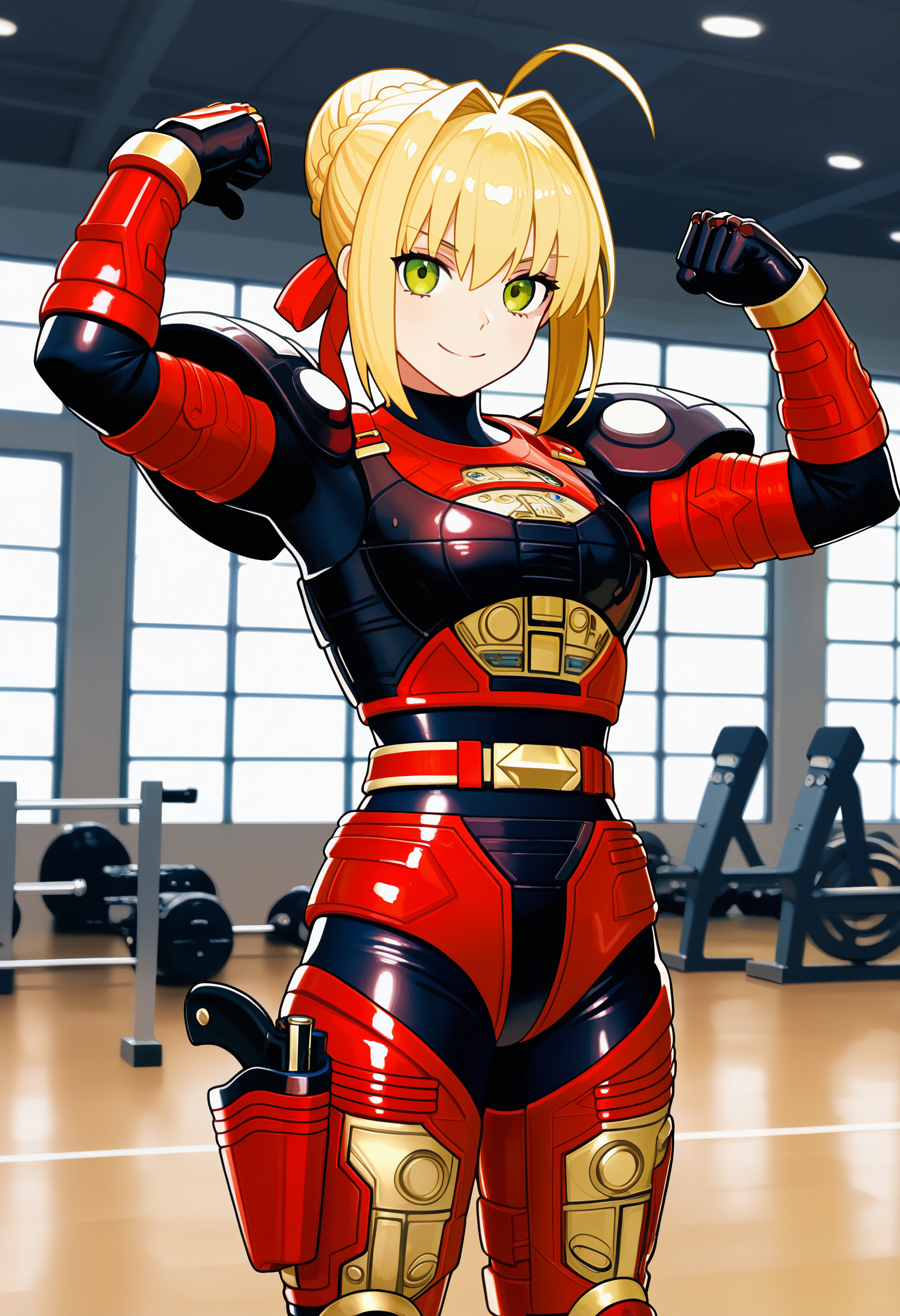 1girl, solo, R3ddle, armor, bodysuit, shoulder pad, gloves, belt, holster, shiny clothes, (nero claudius (fate):0.9), blonde hair, green eyes, flexing, looking at veiwer, smile, cowboyshot,
indoors, gym,
best quality, very aesthetic, masterpiece,