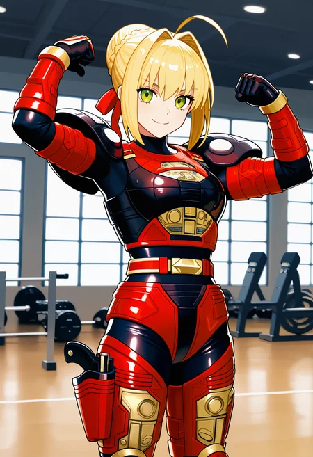 1girl, solo, R3ddle, armor, bodysuit, shoulder pad, gloves, belt, holster, shiny clothes, (nero claudius (fate):0.9), blonde hair, green eyes, flexing, looking at veiwer, smile, cowboyshot,
indoors, gym,
best quality, very aesthetic, masterpiece,