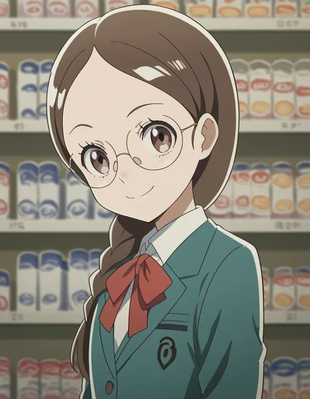 score_9, score_8_up, score_7_up, source_anime, <lora:megumi-takahashi-s1-ponyxl-lora-nochekaiser:1>, megumi takahashi, long hair, brown hair, brown eyes, braid, glasses, hair over shoulder,, school uniform, jacket, blazer, ribbon, red ribbon, green blazer, shirt, white shirt, collared shirt, skirt, pleated skirt, grey skirt,, convenience store, snacks, shelves, counter, quick, smile, from side, looking at viewer, solo,, dutch angle, cowboy shot