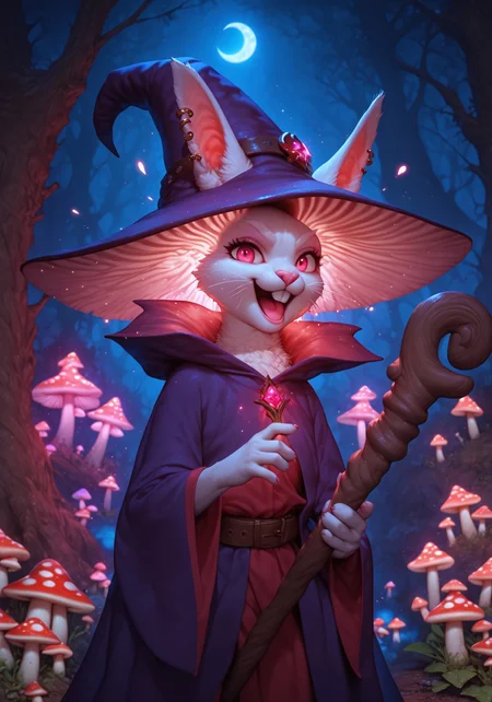 score_9, score_8_up, score_7_up, score_6_up, score_5_up, score_4_up, Expressiveh, g0th1c, zPDXL3, colorful, detailed, high quality, ((((white rabbit)))), cute rabbit, cartoon rabbit, ((cartoony background)), (((holding wooden staff))), ((wearing belt with green and red potions)),  (((wearing wizard robe))), green and red potions, (((wearing mushroom wizard hat))), close-up, bright colours, (((multiple giant mushrooms in background))), dark forest, nighttime, (night), moonlight, ((luminescent mushrooms and plants)), after rain, luminescence, background dominant colours blue and purple, detailed background, deep forest, swamp, from front, cute, magical, alone, paws, ready to fight, evil eyes, evil laugh, cackling, ((two large incisors)), large front teeth, rabbit teeth, evil colours, white eyebrows, (earrings), short fingers, small paws, evil look