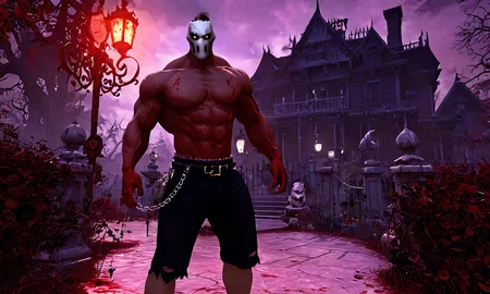 a man standing outside a haunted mansion, white mask, ricktaylorsdxl, shorts, pant chain, <lora:ricktaylorsdxl:0.9>, best quality, masterpiece, glowing eyes, highly detailed, blood