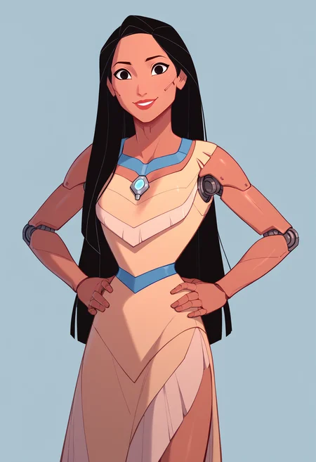 score_9, score_8_up, score_7_up, score_6_up, score_5_up, score_4_up, BREAK,
robotskin, cyborg, robot skin, robot joints,
1girl, pocahontas, dark skin, black hair, long hair, black eyes, dress,
hands on hips, smile, looking at viewer, simple background <lora:PocahontasXLv3:0.9> <lora:RobotSkinXL:1>