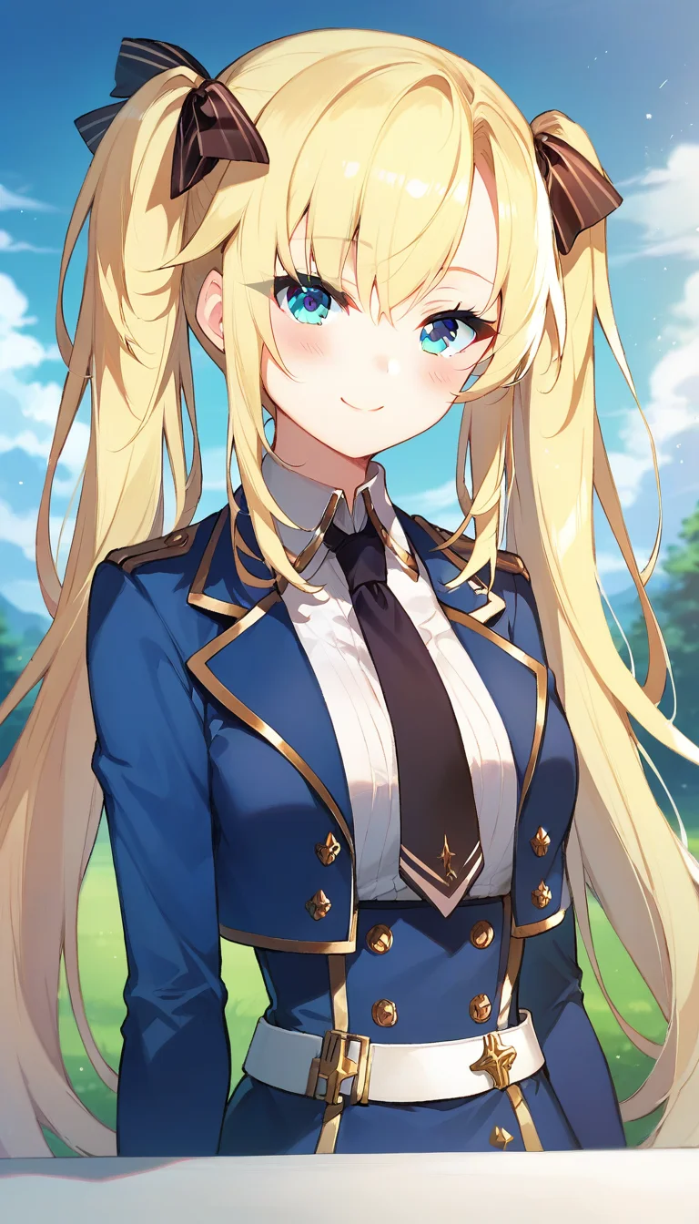 score_9,score_8_up,score_7_up,score_6_up BREAK official art,solo,outdoors,upper body,(portrait:1.5),looking at viewer,facing viewer,smile,blush,Regina Mercedes,very long hair,blonde hair,twintails,hair ribbon,black ribbon,sidelocks,hair between eyes,bangs,blue eyes,blue jacket,cropped jacket,open jacket,wing collar,black necktie,white shirt,collared shirt,dress shirt,long sleeves,medium breasts,double-breasted,white belt,blue skirt,high-waist skirt,pleated skirt,frilled skirt,thigh strap,white thighhighs,zettai ryouiki,mary janes,black footwear,<lora:Regina Mercedes(sgmt)-Pony:1.2>,