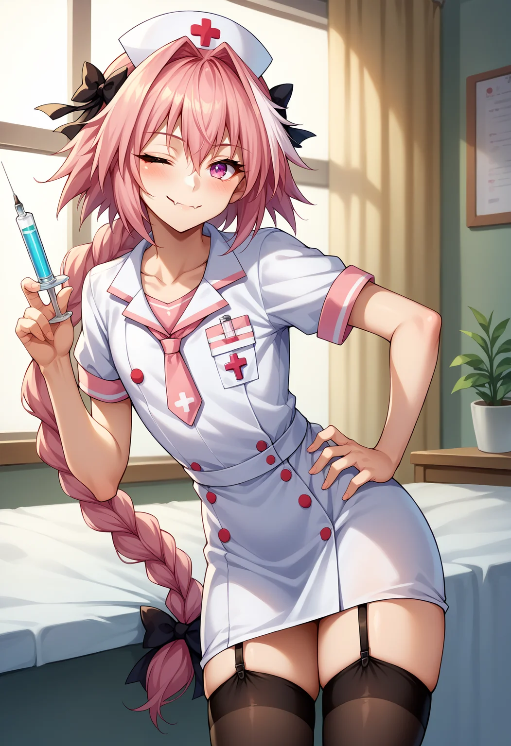 score_9,score_8_up,score_7_up,score_6_up, source_anime, 1boy, solo, otoko no ko, <lora:EPAstolfoPony-05:1> EPfaAstolfo, pink hair, pink eyes, ribbon, hair ribbon, braid, hair between eyes, hair intakes, white hair, hair bow, single braid, long hair, long braid, streaked hair, skin fang, bow, black bow, smile, nurse cap, one eye closed, white dress, garter straps, thighhighs, very long hair, blush, holding, short sleeves, ;d, black thighhighs, looking at viewer, male focus, nurse, hat, indoors, dress, hand on hip, long braid, streaked hair, syringe, bow, collarbone, infirmary,