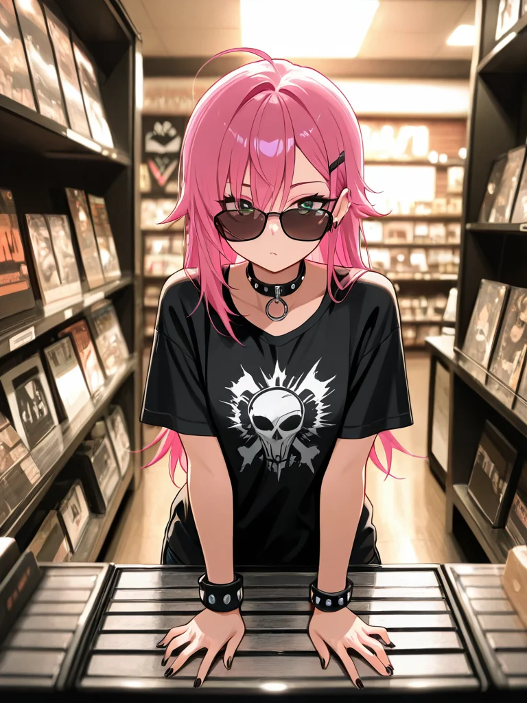 <lora:rec0rdsh0p-IL:0.8> rec0rdsh0p, shop with records, 1girl, punk, punk rocker, sunglasses, black t-shirt, band logo, collar, studded wristband., uploaded on e621, (detailed background), (intricate:1.1), (high detail:1.2), (masterpiece, best quality, 4k, 2k, shaded, absurd res)