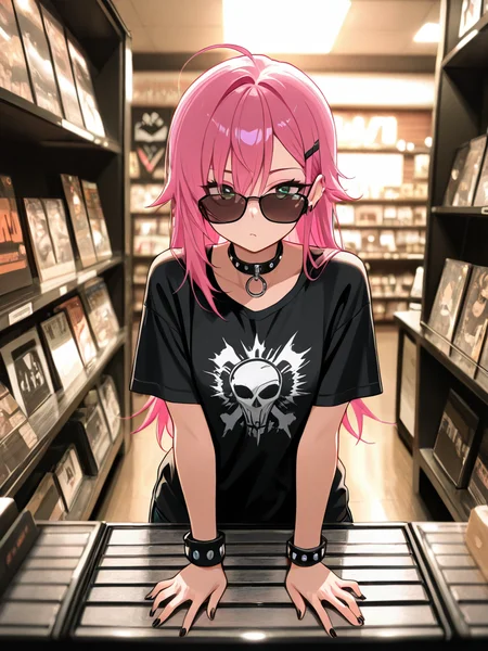 <lora:rec0rdsh0p-IL:0.8> rec0rdsh0p, shop with records, 1girl, punk, punk rocker, sunglasses, black t-shirt, band logo, collar, studded wristband., uploaded on e621, (detailed background), (intricate:1.1), (high detail:1.2), (masterpiece, best quality, 4k, 2k, shaded, absurd res)