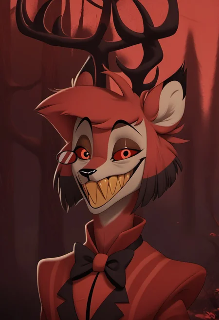 score_9, score_8_up, score_7_up, score_6_up, masterpiece, solo, ((detailed eyes, detailed face, detailed fur, 
BREAK
Great Prince of the Forest, GPotF, deer, buck, disney, antlers, red fur, beige markings, brown eyes, brown eyelids, brown eyeshadow, eyeliner, black eyebrows, anthropomorphic deer, furry, anthro deer, animal focus, alastor_hh, alastor \(hazbin hotel\), solo, red theme, 1boy, red eyes, bow, smile, looking at viewer, evil smile, grin, short hair, bowtie, horror, monocle (theme), sharp teeth, yellow teeth, laughing
<lora:add-detail-xl:1.0>
