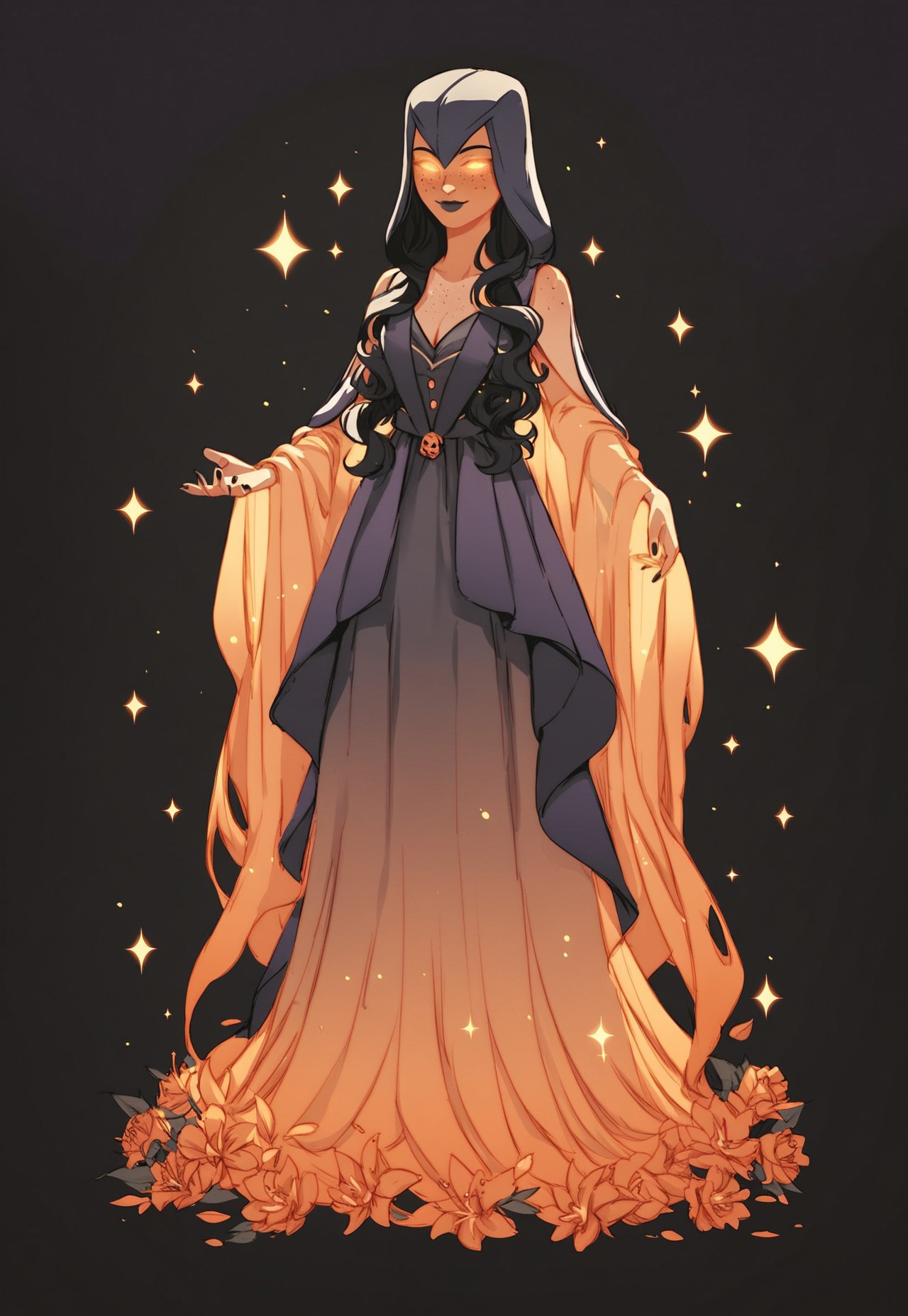 score_9, score_8_up, score_7_up, score_6_up, score_5_up, score_4_up, Halloween, monster girl, no pupils, witch_coc, hood  1girl, full body, black hair, white inner hair, long wavy hair, mystical coat, stardust, glowing sparkles, ethereal,  freckles, dark and purple two-tones sorceress dress, (beautiful:1.2), (elegant:1.1), (serene:1.1), orange theme, source_fantasy, rating_safe, Vintage