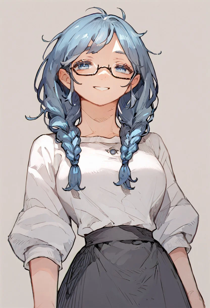 score_9, score_8, score_7, 1girl, solo, long hair, blue eyes, blue hair, twin braids, white shirt, black skirt, smile, glasses,