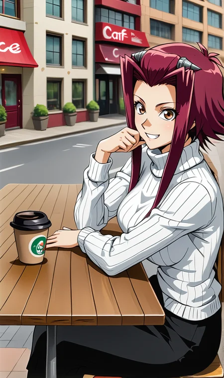 AI, 1girl, solo, red hair, short hair with long locks, forehead, hair ornament, outdoors, city, cafe table, sitting, drinking coffee, from above, from side, looking at viewer, white turtleneck sweater, black long skirt, arm rest, grin, wide eyed, <lora:Akiza Izinski Pony XL:0.75>