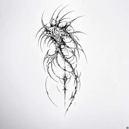 <lora:v1.4_CYBERSIGILISM:1> <lora:Ghost in the Shell style:1> masterpiece, best quality, ghost in the shell style, cyberpunk, cybersigilism, neotribal, tribal style tattoo, sketch, highlights, sparkle, gradient, greyscale, monochrome, no humans, white background, simple background, solo