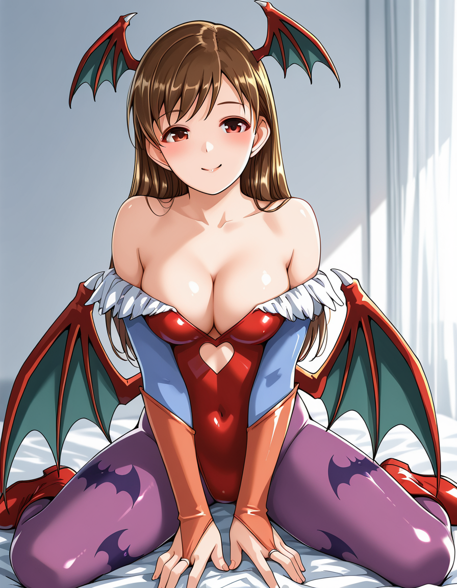 <lora:Nitta_Minami_by_Gustav_Illustrious:1>nitta minami
, cosplay, purple stockings, bat print, red boots, red leotard, cleavage