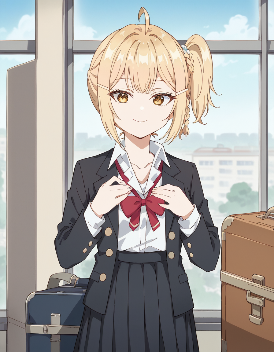 score_9, score_8_up, score_7_up, source_anime, <lora:nonoa-miyamae-s1-ponyxl-lora-nochekaiser:1>, nonoa miyamae, blonde hair, short hair, side ponytail, one side up, braid, hair ornament, yellow eyes, ahoge, hair clip, hair intakes,, shirt, bow, school uniform, jacket, white shirt, collared shirt, bowtie, red bow, blazer, red bowtie, black skirt, pleated skirt,, airport, waiting area, suitcase, flight delayed, passengers, reading book, smile, , hands on own chest, smile, solo,, cowboy shot, dutch angle