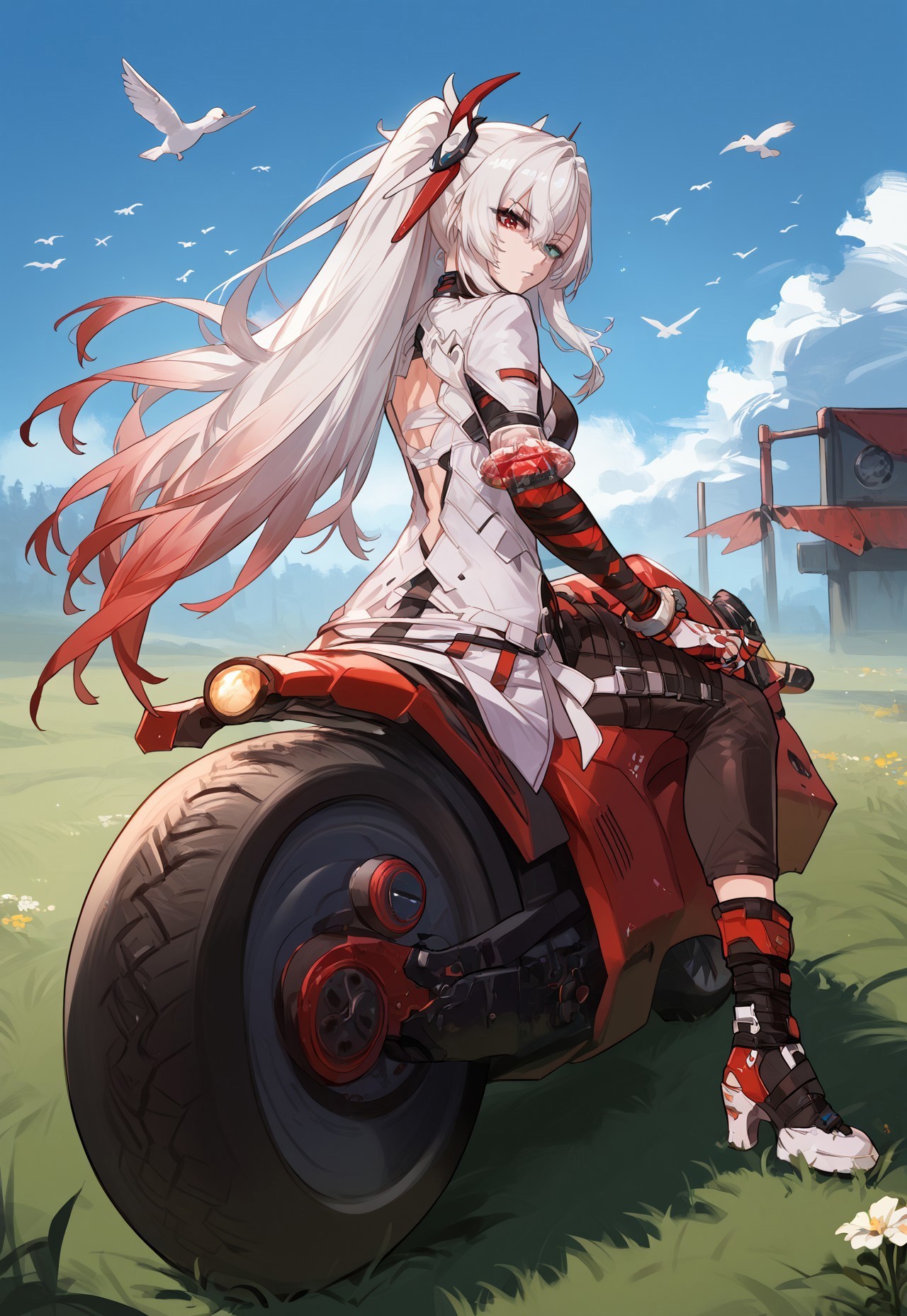zPDXL3, score_9_up, score_8_up, score_7_up, (Anime_source), 1girl, CrimsonWeave, heterochromia, red eye-blue eye, long hair, multicolored hair, white-red hair, Weave uniform, sitting on motorcycle, red motorbolt, floating hair, from side, grass, flower, birds, looking back, looking at viewer