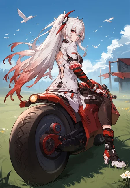 zPDXL3, score_9_up, score_8_up, score_7_up, (Anime_source), 1girl, CrimsonWeave, heterochromia, red eye-blue eye, long hair, multicolored hair, white-red hair, Weave uniform, sitting on motorcycle, red motorbolt, floating hair, from side, grass, flower, birds, looking back, looking at viewer