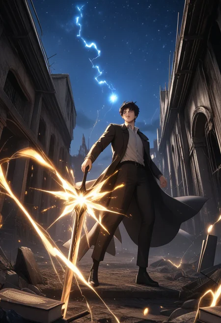 KimDokja, brown eyes, black hair, short hair, Kim clothes, smiling, holding a book in one hand and a sword in the other, sparks of electricity jumping in the background, detailed eyes, full body shot, night, starry sky, beautiful sky, detailed background, abandoned city, ruins,
He wields a glowing, celestial sword,