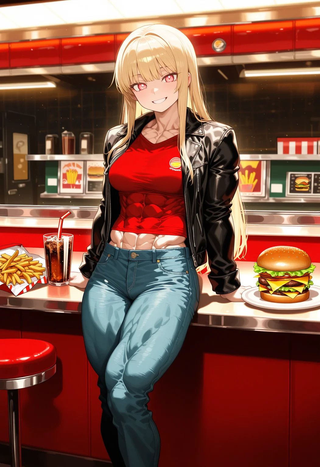 masterpiece, best quality, amazing quality, very aesthetic, absurdres, newest, detailed background, solo, straight blond hair, light red eyes, dimples, black jacket, long sleeves, jacket open, red shirt, denim pants, muscular, abs outline, very defined abs, medium breasts, smiling, siting, muscular body, inside, diner, counter seat, burger and fries, glass filled with soda, co-opvillain <lora:Co-op_Villain:1>âââ