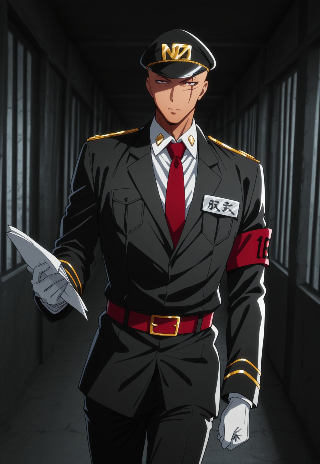 masterpiece, best quality, amazing quality, very aesthetic, absurdres, dynamic pose, dynamic angle, ultra-detailed, highly detailed, cinematic lighting, realistic shading, BREAK
prison, hallway, dark, BREAK
NBHajime, 1boy, bald, red eyes, scar across eye, black peaked cap, name tag, black military jacket, white collared shirt, red necktie, layered clothes, white gloves, red belt, red armband, number, kanji, black pants, holding paper, serious, cowboy shot, walking