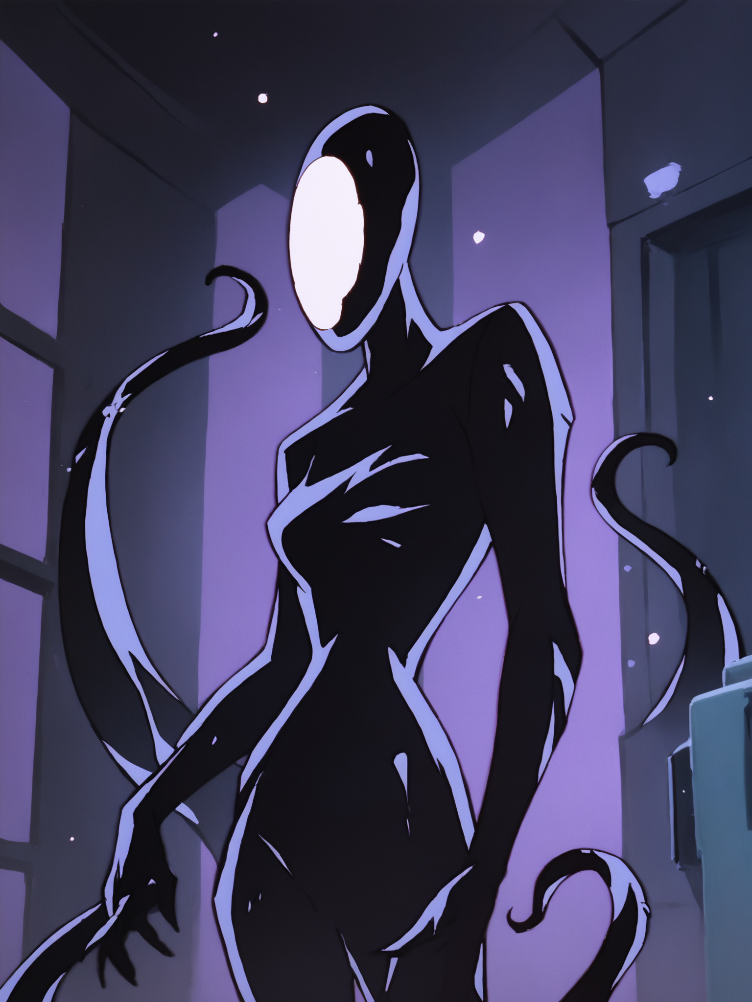 <lora:InquePony1.0:1>Inque, mask, solo, faceless, standing, 1girl, bodysuit, no humans, indoors, female focus,cowboy shot, tentacles, dark background,looking at viewer,   score_9, score_8_up, score_7_up, score_6_up, score_5_up, score_4_up