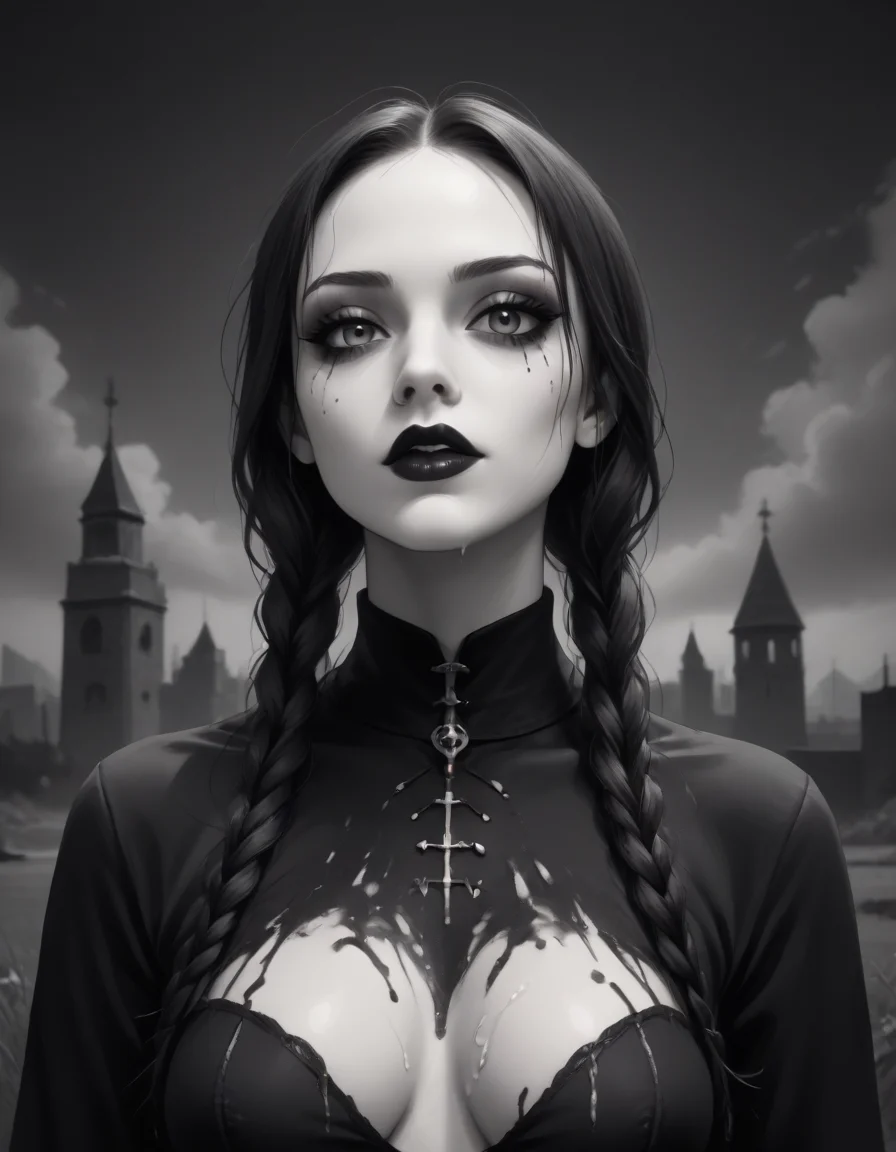 black and white dripping paint, very detailed illustration of a Wednesday Addams, awesome appearance, magical landscape with enchanted elements, fantasy art style, intricate details, ultra sharp, exquisite detail, flawless composition, masterpiece, exciting background