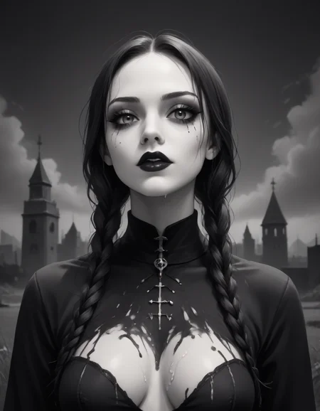 black and white dripping paint, very detailed illustration of a Wednesday Addams, awesome appearance, magical landscape with enchanted elements, fantasy art style, intricate details, ultra sharp, exquisite detail, flawless composition, masterpiece, exciting background