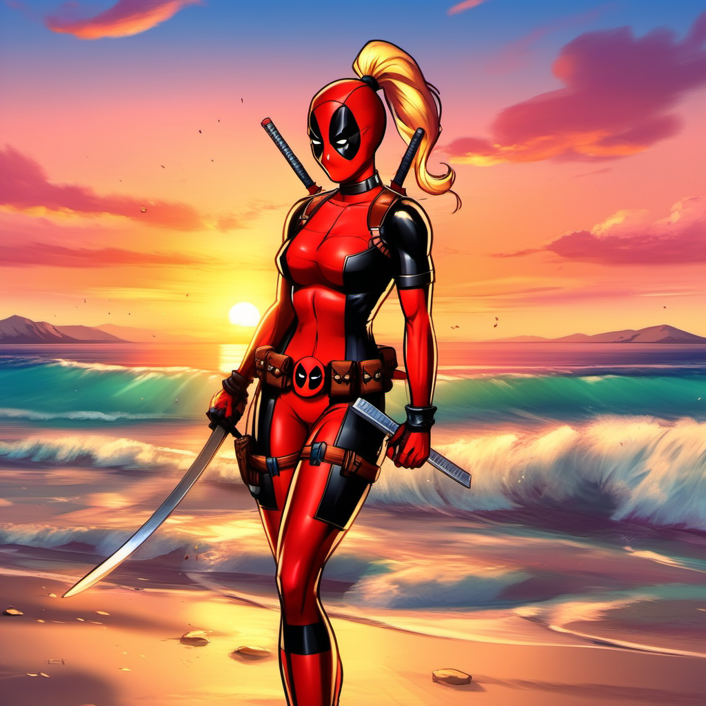 anime artwork full body portrait lady deadpool, ponytail, blond hair, body suit, holds swords on the beach, sunset <lora:LDP1024:0.8> . anime style, key visual, vibrant, studio anime,  highly detailed