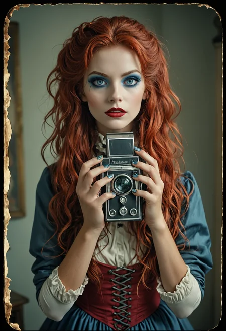 extreme long shot, horror-themed in the phantom lighthouse, Norwegian senior hunter girl is well-proportioned, ravishing, her red and silver big hair, her confused black eyes are gargantuan, blue round lips, unusual face shape, brilliant skin, huge veiny breasts, graceful posture, pride face, (halloween makeup:1.3), she is dressed in a cocktail dress, hands framing face, analog, old faded photo, old polaroid