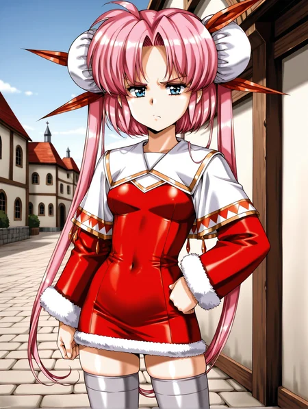 <lora:louise-v3-illustrious-000040:1> fallsmyer, double bun, hair ribbon, white capelet, capelet, red dress, short dress, fur trim, thighhighs, grey thighhighs, white footwear
1girl, solo, annoyed, hand on own hip, looking at viewer, medieval, outdoors, upper body