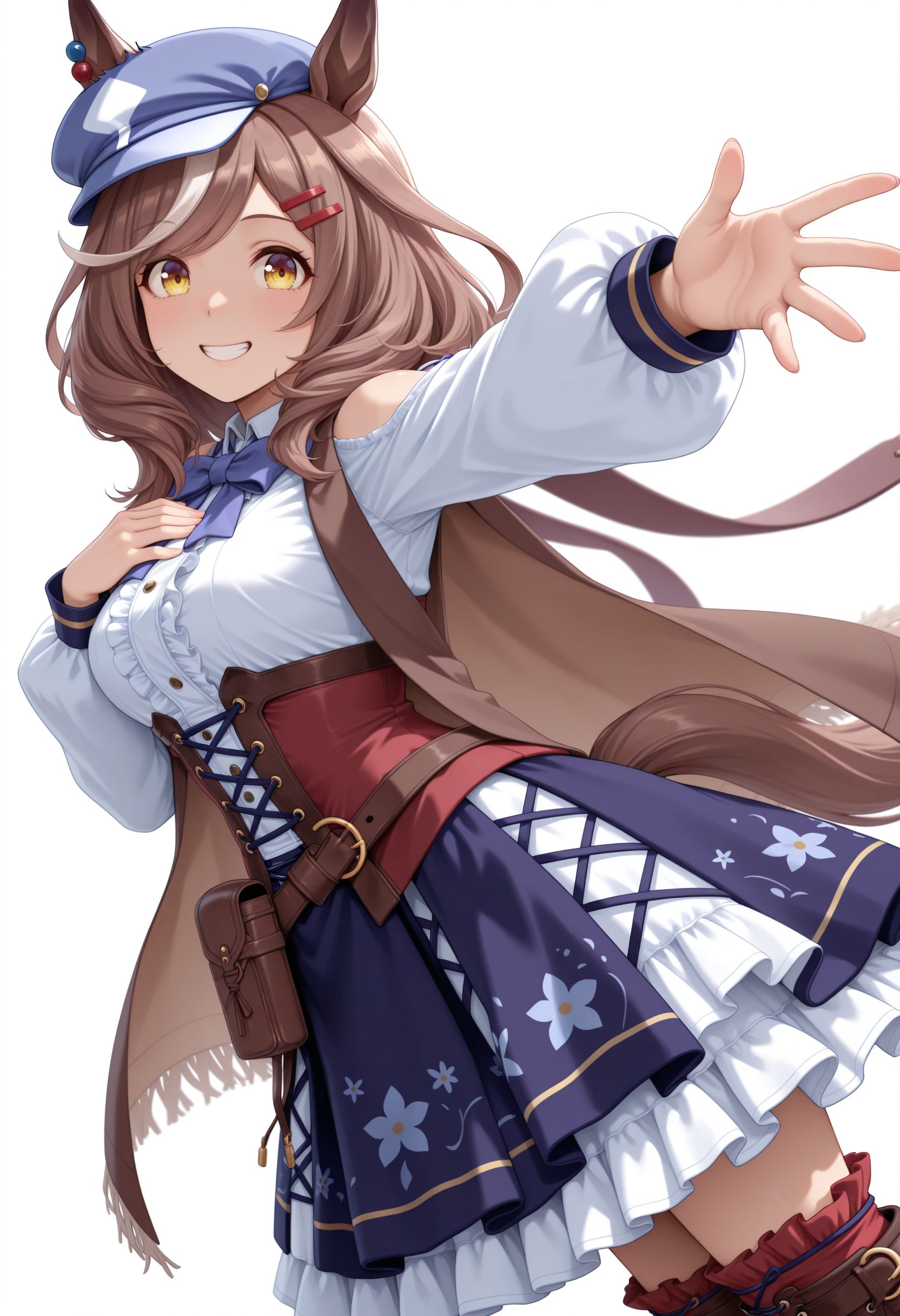 masterpiece, best quality, amazing quality, very awa,absurdres,newest,very aesthetic, looking at viewer
standing, outstretched arm, hand on own chest, white background, cowboy shot, from side, dutch angle, looking at viewer, grin, smile, 
 <lora:Matikane Tannhause illu v3:1> 1girl, medium breasts, yellow eyes ,brown hair, white hair, multicolored hair, medium hair, streaked hair, animal ears, horse ears, horse tail, blue headwear, cabbie hat, ears through headwear, hair ornament, hairclip, blue bow, clothing cutout, shoulder cutout, long sleeves, brown cape,, white shirt, puffy sleeves, center frills, frills, corset, blue bowtie, belt pouch, blue skirt, frilled skirt, boots, red socks, brown footwear,