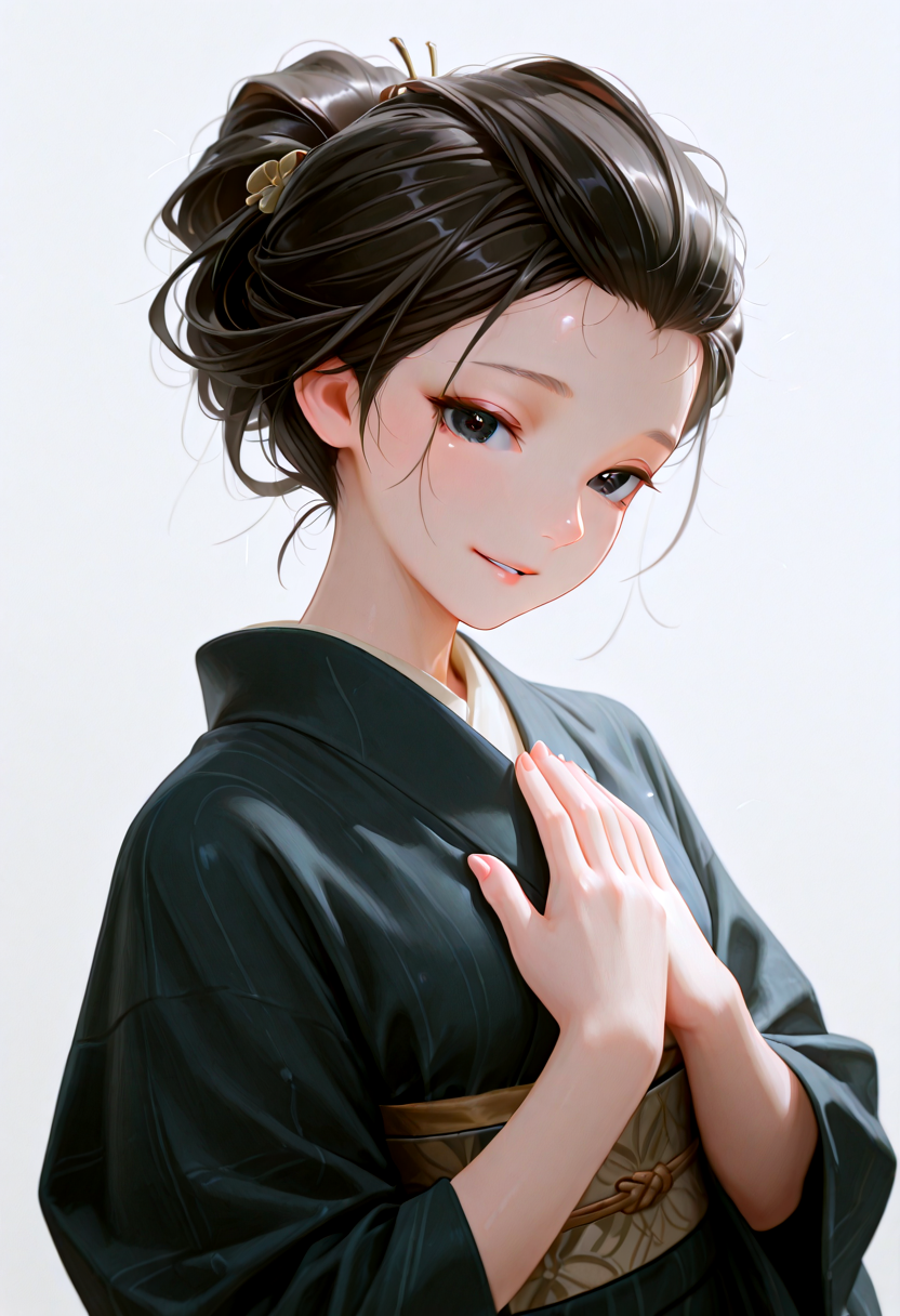 IllusP0s, masterpiece, best quality, amazing quality, very aesthetic, absurdres, newest,  (detailed eyes),((ultra detailed hair:1.4)),eye focus
BREAK
1girl,solo, k1ku_pr, black eyes, K_kimono,k_obi,k_hadaj,k_nihongami, white tasuki, Sparkle eyes, smile
BREAK
blank background, direct shot ,standing ,((upper body)),looking at viewer
 <lora:Kiku_-_Kikus_Prayer_-_AI_Challenge:0.8>, parted lips, Palms of both hands on chest