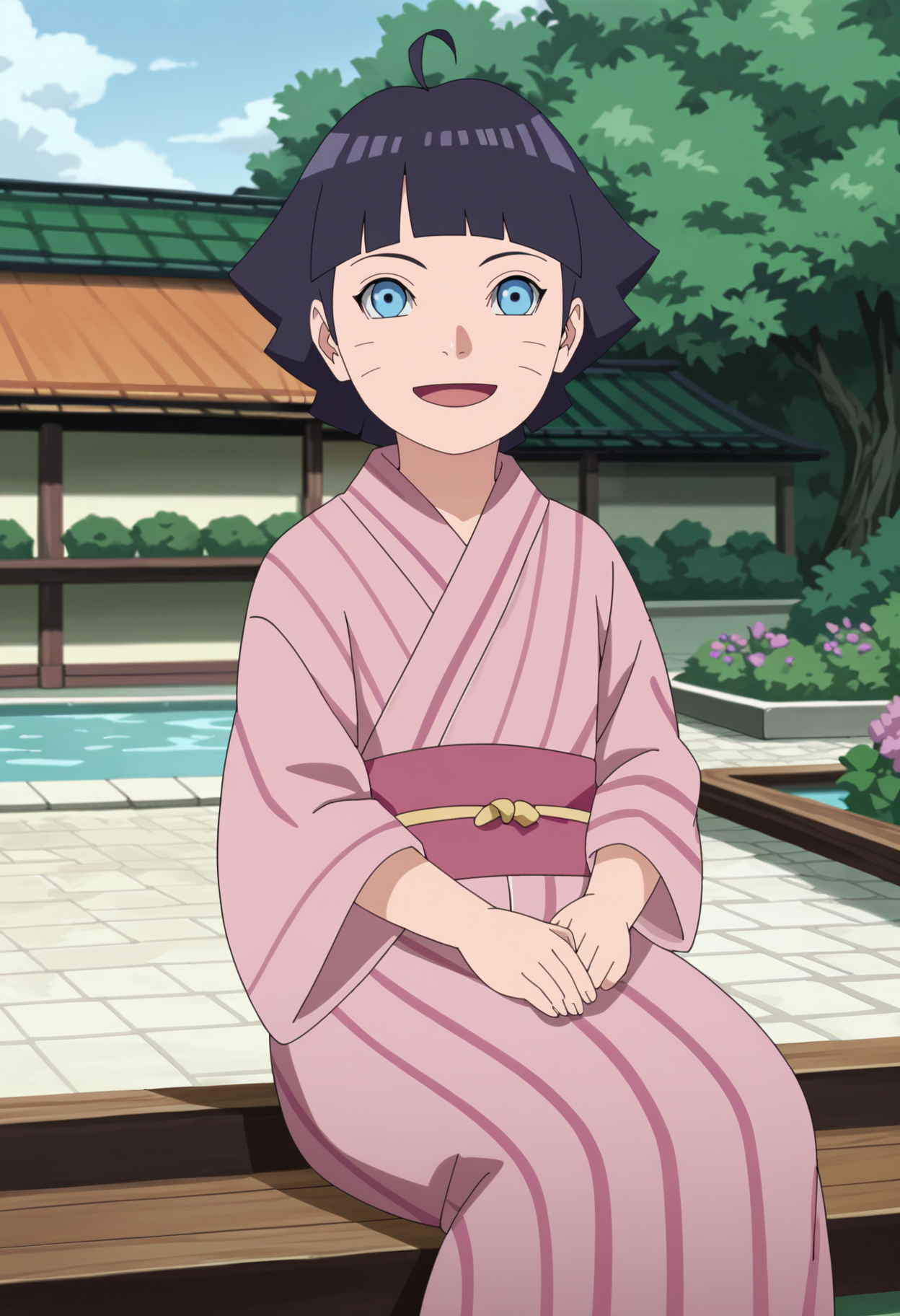 score_9, score_8_up, score_7_up, source_anime,anime screencap,anime coloring,intricate details,masterpiece,
uncensored,
himawari, 1girl, solo, bangs, blunt bangs, facial mark, ahoge,  whisker markings, short hair, black hair,purple hair, blue eyes, 
looking at viewer, east asian architecture, garden,kimono, japanese clothes, open mouth, smile, sitting, 
outdoors, barefoot,
solo,
scenery,
<lora:Himawari_by_Nyx:1>
