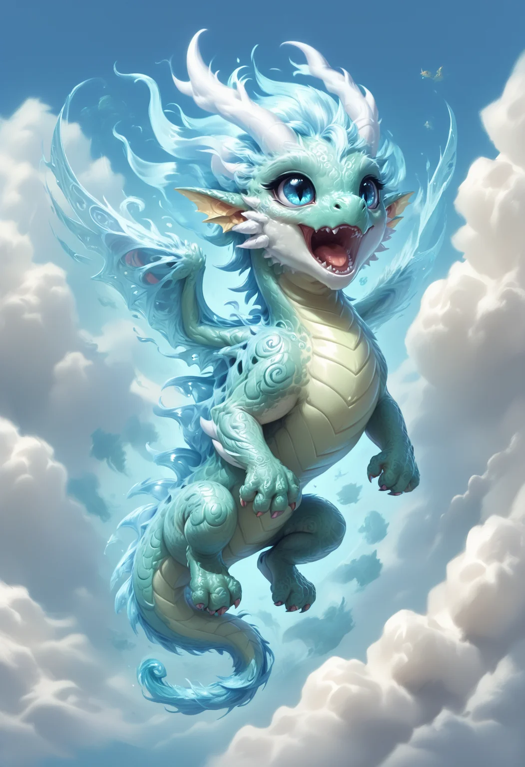 score_9, score_8_up, score_7_up, score_6_up, score_5_up, score_4_up <lora:PonyAirElementals:1> Air Elemental, baby, adorable, air elemental dragon, swirling air body, transparent, ethereal, majestic, detailed digital art, expressive eyes, roaring, cloudy sky background, magical elements,