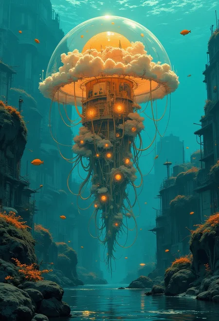 A colossal, ethereal jellyfish floating in the depths of a vast teal ocean, its translucent bell illuminated with glowing orange and golden hues, intricate city structures suspended within its gelatinous interior, bio-luminescent pathways winding through the sprawling civilization, tiny humanoid figures bustling among glowing coral-shaped buildings, the ocean teeming with vibrant schools of fish and luminous marine life, a distant sunbeam filtering through the water creating a magical, dreamlike atmosphere, breathtaking details, cinematic lighting, perfect color harmony of teal and orange, surreal and otherworldly design, highly detailed, fantasy-inspired composition.