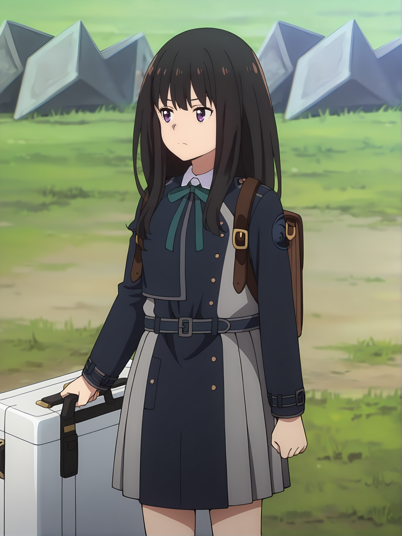 <lora:Takina_Inoue:0.8>, inoue_takina, 1girl, solo, black long hair, purple eyes, blue lycoris uniform, logo on shoulder, green neck ribbon, white collared shirt, grey skirt, backpack, neutral, calm, closed mouth, standing, clenched fist, looking away, full body, cropped legs, outdoors, grass, triangle rocks, hand on suitcase